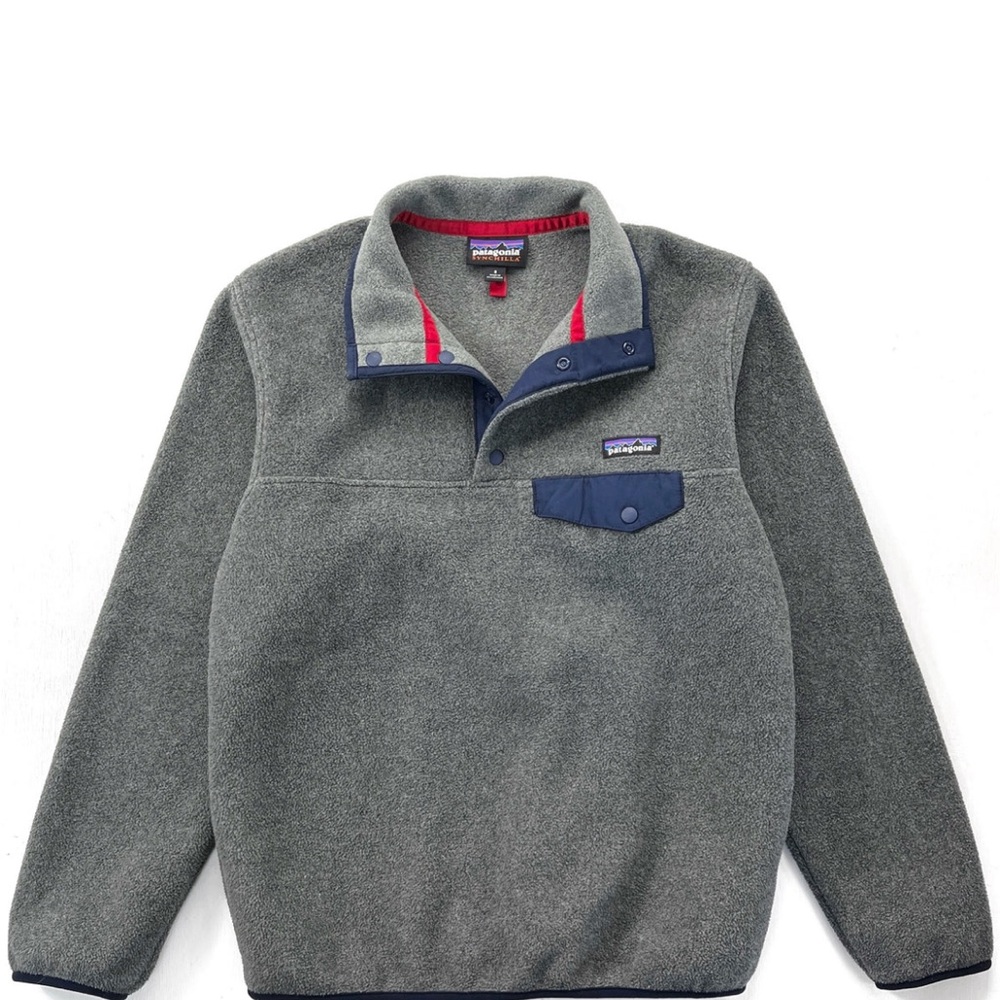 Patagonia Synchilla Gray and Blue Fleece Sweater Relaxed Fit